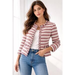 Talbots Pink White Tweed Jacket Women’s 12 Fringe Trim Striped Collarless Blazer